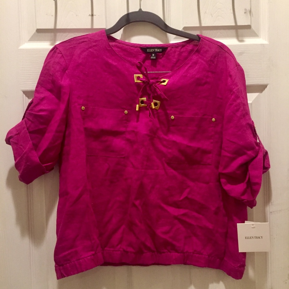 NWT Ellen Tracy Pure Linen Top with Gold Accents